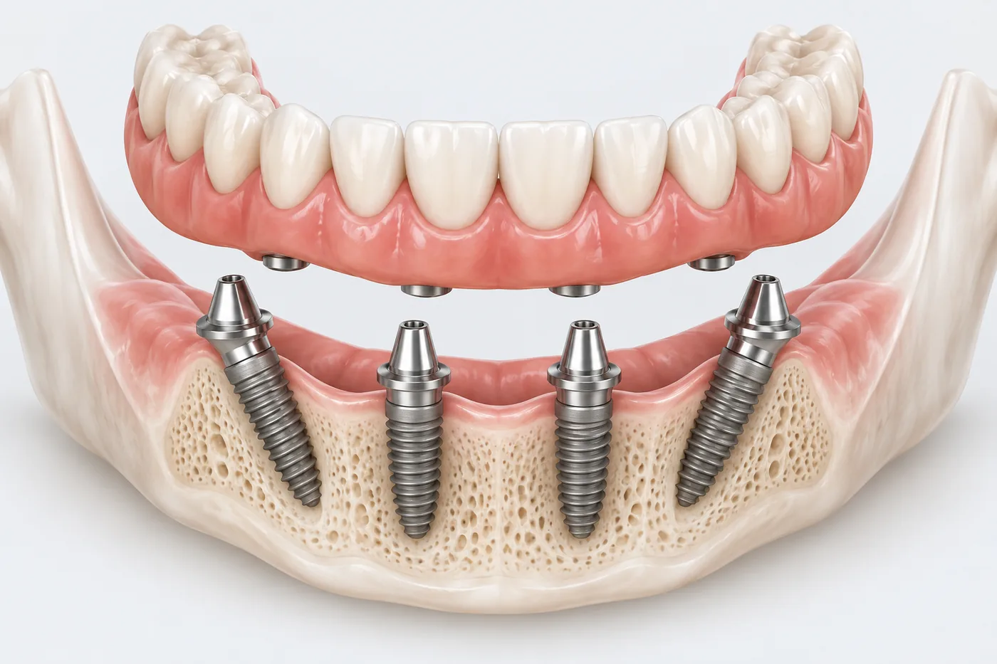 Conceptual illustration of four dental implants supporting a full-arch prosthesis