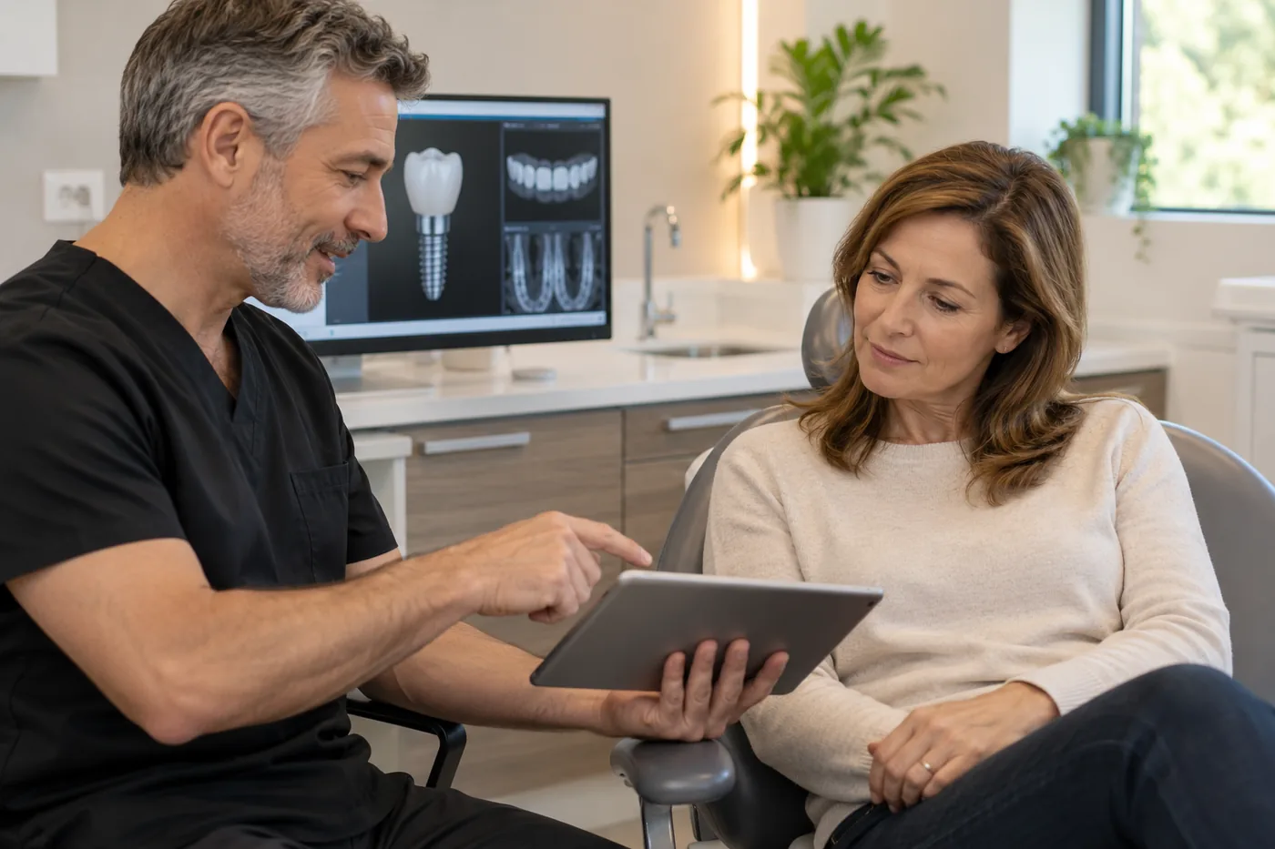 Dental professional reviewing implant treatment options with a patient