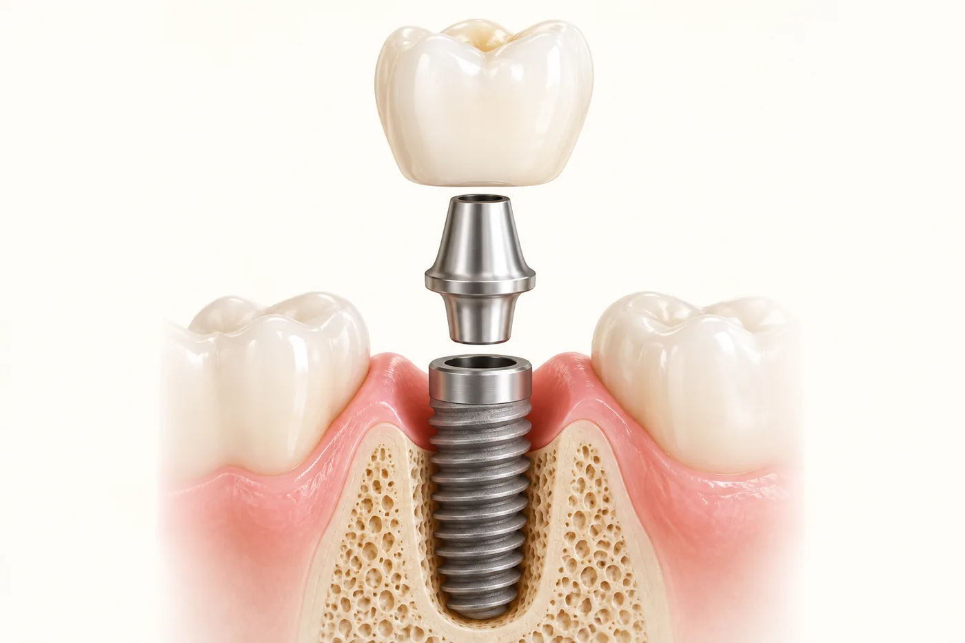 Conceptual illustration showing a dental implant fixture, abutment and crown